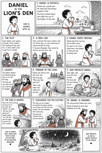 Daniel dans la Fosse aux Lions, histoire biblique illustrée